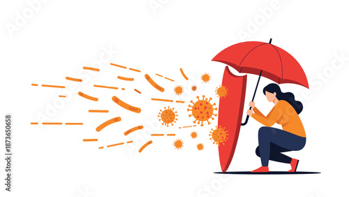Woman using a red umbrella and shield to protect herself from flying virus and bacteria particles in the air.