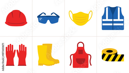 Personal Protective Equipment (PPE) flat design icons set. Workplace safety gear, tools, and caution tape collection.