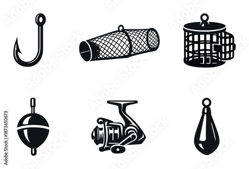 Fishing equipment icons: hook, trap, cage, bobber, reel, and sinkers