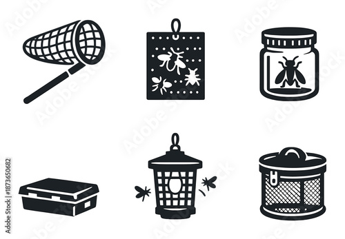 Insect control icons: net, sticky trap, jar, box, lantern, cage