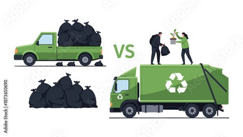 Comparative illustration showing a truck overflowing with trash bags versus a recycling truck with people planting a tree.