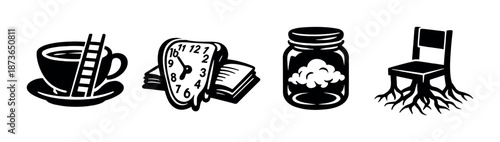 Surreal art with melting clock book jar and clouds on black background