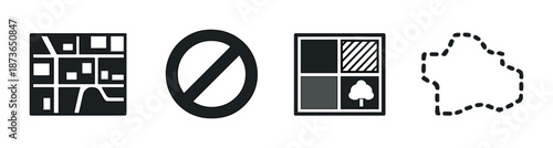 Monochrome icons on gradient background: map, prohibition, landscape, and cloud