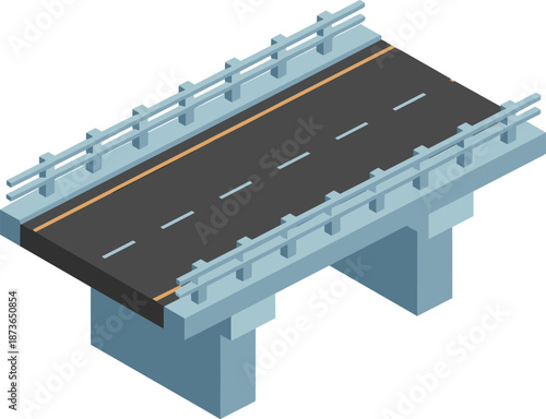 3D isometric concrete highway bridge illustration, modern road overpass structure with guardrails, transportation infrastructure design isolated on white background rendering