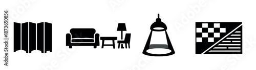 Single hanging lamp illuminating dark minimalist room with furniture silhouettes