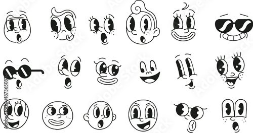 Set of Retro 1930s Cartoon Character Faces with Diverse Expressions, Hand Drawn Vintage Rubber Hose Style Illustrations of Funny Mascot Emotions on White Background