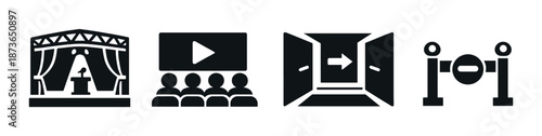 Minimalist icons of stage presentation, video playback, exit door, and barrier queue