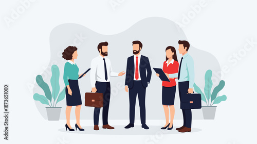 Diverse team of professional business people having a collaborative and productive meeting or discussion in a modern office environment.