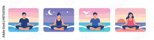 Illustration of people meditating in various settings with colorful backgrounds