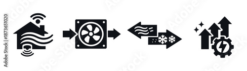 Smart home ventilation system icon with airflow and energy efficiency symbols