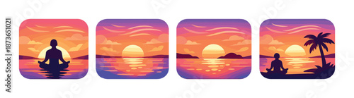 Sunset meditation silhouettes by ocean with vibrant skies and palms