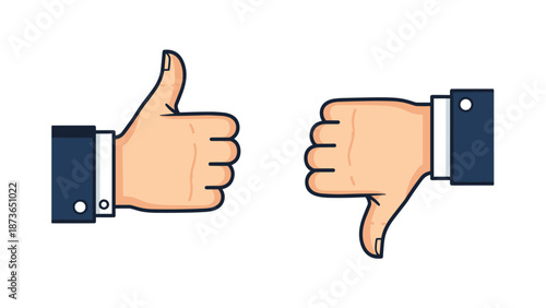 Human hands showing thumbs up and thumbs down gestures representing positive and negative feedback, approval, and disapproval concepts.