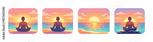 Silhouettes of meditation at sunset on the beach with vibrant skies