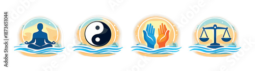 Harmony symbols: meditation, yin yang, helping hands, and balance scales