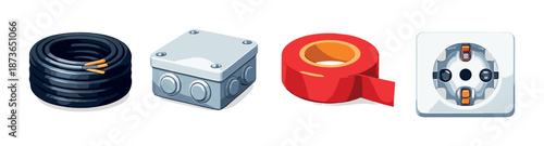 Electrical components featuring cables, junction box, insulation tape, and outlet