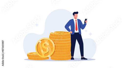 Successful businessman using a mobile phone while standing next to large stacks of gold dollar coins representing wealth and profit.