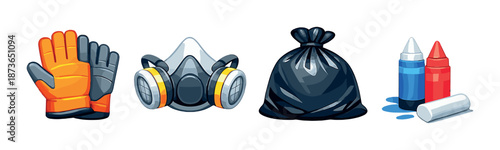 Safety equipment and supplies: gloves, mask, trash bag, chalk cones icon set