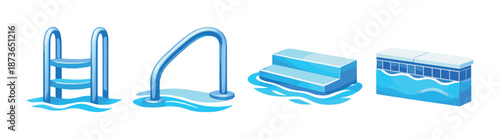 Glowing neon swimming pool elements with ladder, rail, steps, and diving block