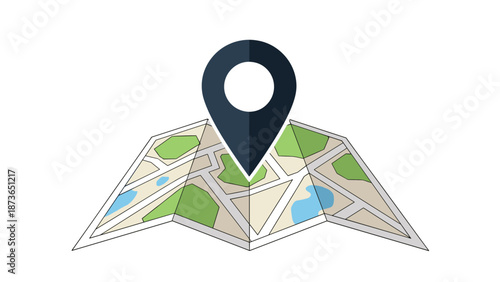 Folded paper city map with a large black location pin icon pointing to a specific destination on a navigation route or travel plan.