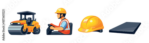 Cartoon construction icons with worker, bulldozer, hard hat, and asphalt