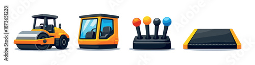 Set of colorful road construction equipment icons with roller and controls