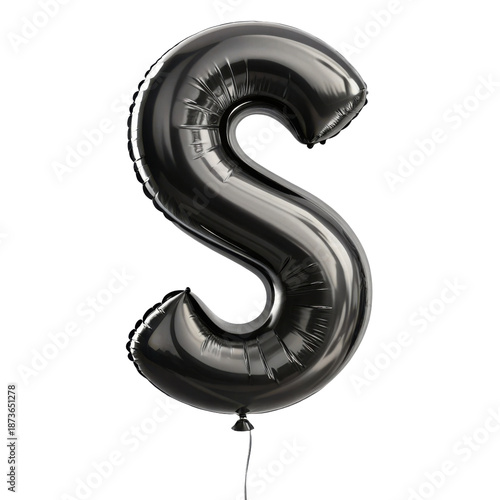 Celebratory black letter S balloon font. single shiny inflatable alphabet object for party, isolated 3d render for festive event