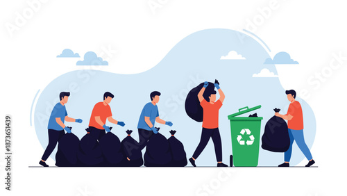 Group of volunteers working together to collect garbage in bags and dispose of waste in a green recycling bin for the environment.