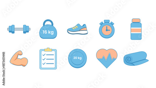 A clean and modern line icon set designed for fitness, gym, and workout projects. Includes icons representing exercise equipment, strength training, cardio, yoga, and healthy lifestyle symbols
