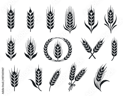 Hand drawn silhouette wheat ears set featuring various designs for agriculture, food, and branding