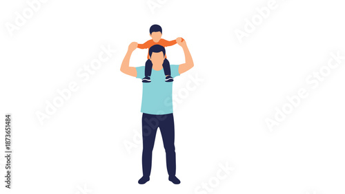 Happy father carrying his young son on his shoulders representing family bond, love, and childhood happiness in a minimalist style.