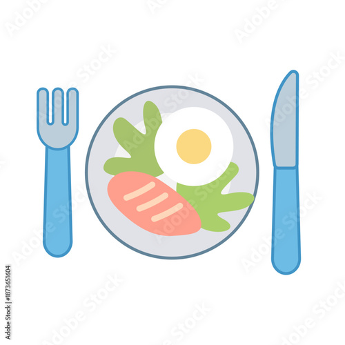 Plate with egg, lettuce, chicken, fork, and knife for food blog, restaurant menu, recipe book, cooking website, or healthy eating concept.