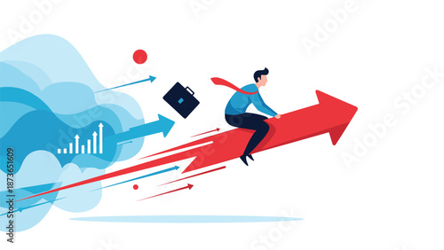 Ambitious businessman flying on a fast rising red arrow through the clouds symbolizing rapid career growth and business success.