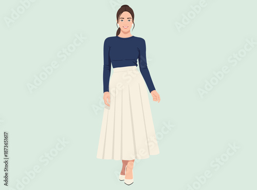confident woman wearing a navy blue long-sleeve top tucked into a flowing white midi skirt. She smiles, posing Perfect for professional, fashion, or lifestyle concepts
