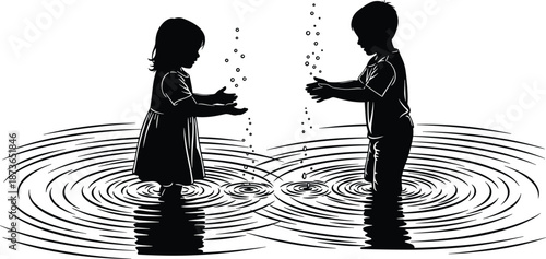 Children playing with water silhouette illustration, boy and girl splashing puddles, childhood joy concept vector art, innocence and friendship, black minimal style