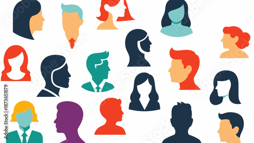 A vibrant collection of diverse human profile silhouettes in various colors, representing community, users, and social connections.
