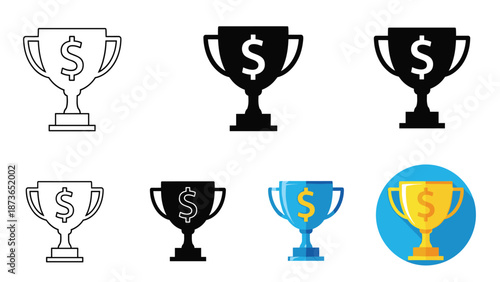 Set of seven trophy award cups featuring a dollar sign in various styles like outline, solid black, blue, and golden yellow for success.