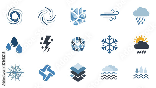A collection of weather and natural phenomena icons, including rain, snow, wind, sun, storms, and water-related symbols.