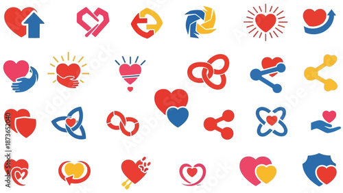 A collection of diverse heart-shaped logos and icons in various designs, symbolizing love, connection, sharing, and care, rendered in red, blue, yellow, and pink colors.