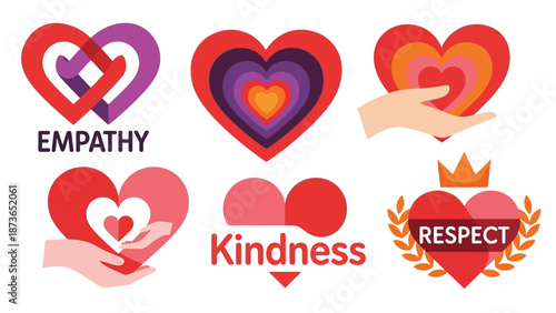 A collection of six heart-themed logos and icons representing positive human values like empathy, kindness, and respect, featuring various designs and colors.