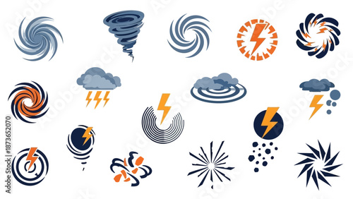 Collection of weather and natural disaster icons including hurricanes, tornadoes, lightning, and storms.
