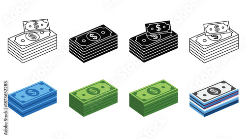 Set of eight stacks of dollar money bills presented in different orientations and styles like isometric and flat for financial concepts.
