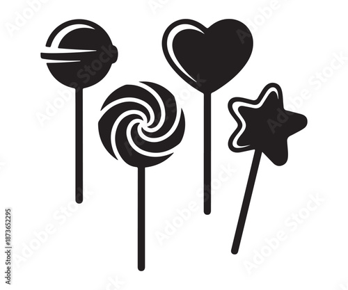 Candy Lollipop Silhouette Vector Set, Sweet Dessert Icon Collection for Party, Birthday and Confectionery Design.
