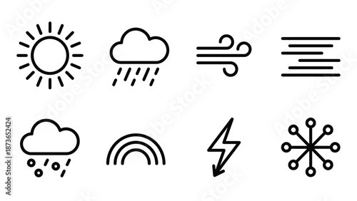 Set of minimalist line art weather icons: sun, rain, wind, snow, lightning, rainbow. Simple outline forecast symbols.