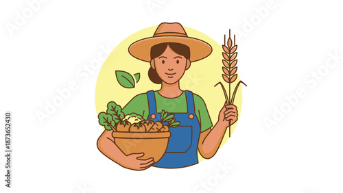 Farmer Holding Basket and Wheat.