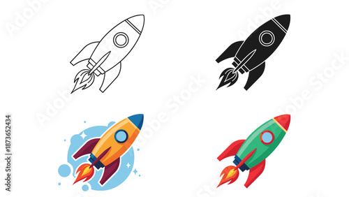 Rocket ship launch icons set presenting various graphic styles from black silhouettes to vibrant colorful illustrations.