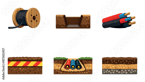 Underground cable installation process with soil layers and protective measures illustrated