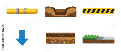 Underground construction elements with pipe, soil layers, and arrow indicators