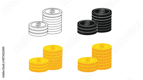 Golden coin stacks with dollar signs in different styles including outline and solid black for financial and gaming contexts.