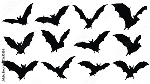 Black bat silhouettes in various flying positions set against a white background for halloween or spooky themed designs.