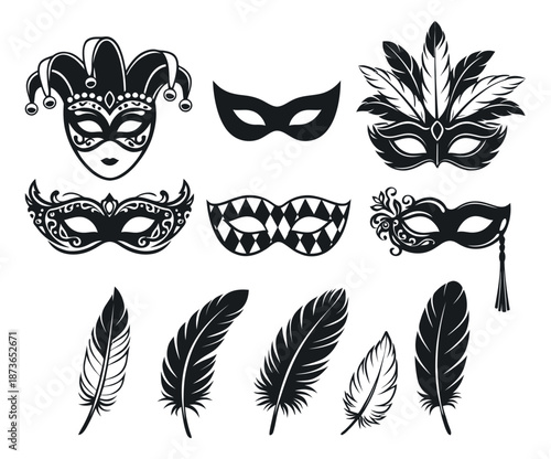 Elegant carnival mask and feather set featuring various ornate masquerade masks and decorative feathers for celebration designs